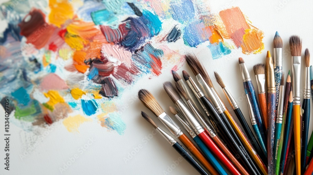 Fototapeta premium minimalistic flat lay of vibrant colored pencils and brushes on a clean white canvas, creative workspace theme