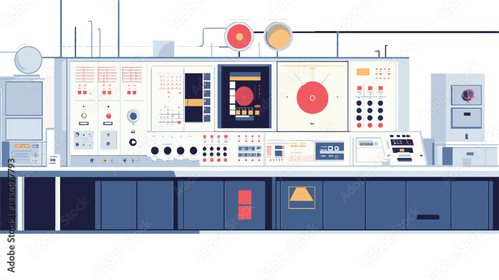 A horizontally oriented illustration depicts a stylized control panel interface. The panel is predominantly dark blue and features various colored buttons, dials, and displays.? A central, larger A horizontally oriented illustration depicts a stylized control panel interface. The panel is predominantly dark blue and features various colored buttons, dials, and displays.? A central, larger