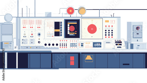 A horizontally oriented illustration depicts a stylized control panel interface. The panel is predominantly dark blue and features various colored buttons, dials, and displays.? A central, larger