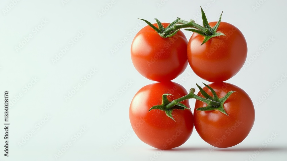 small tomatoes stacked on white background, high-resolution food photography with sharp focus and professional lighting.