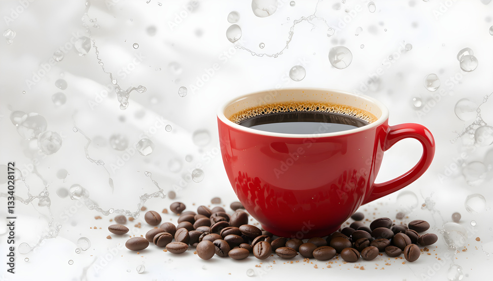 Obraz premium A cup of coffee with coffee beans on a saucer