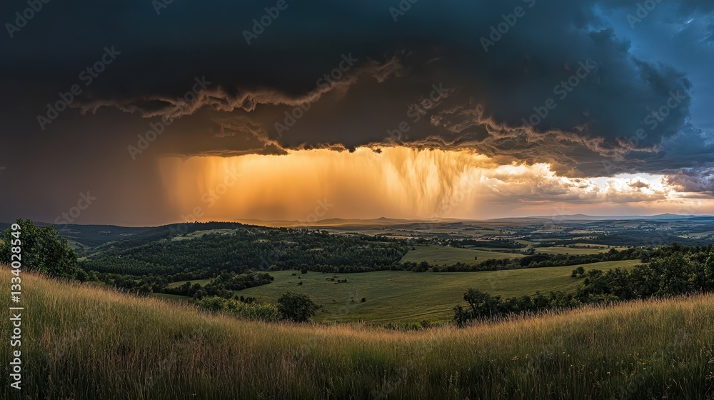 Majestic landscape showcases dramatic clouds and heavy rainfall across the field Majestic landscape showcases dramatic clouds and heavy rainfall across the field