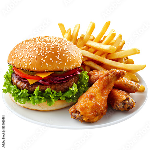 Fast food: a burger and fries with chicken wings on a transparent  background.