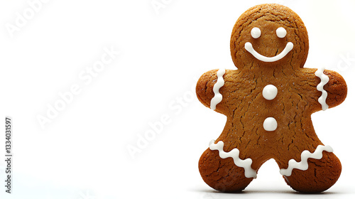 Smiling Gingerbread Man: a cheerful gingerbread man, baked to golden perfection and decorated with delicate frosting, is positioned on a plain backdrop, evoking feelings of joy, nostalgia.
