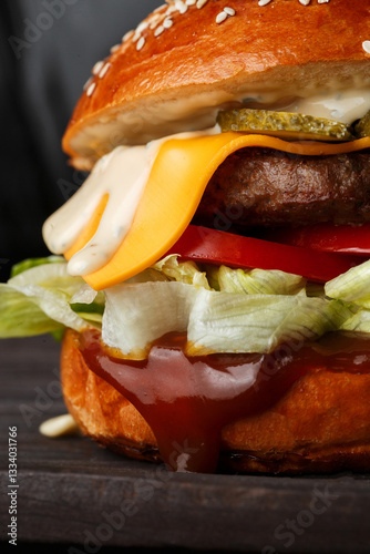 macro gourmet cheeseburger pickles on a rustic wooden board. Ideal for food photography, menu, and advertisements