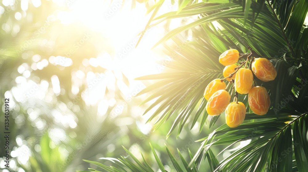 Fototapeta premium Ripe dates hang in the sunlit branches of a palm tree