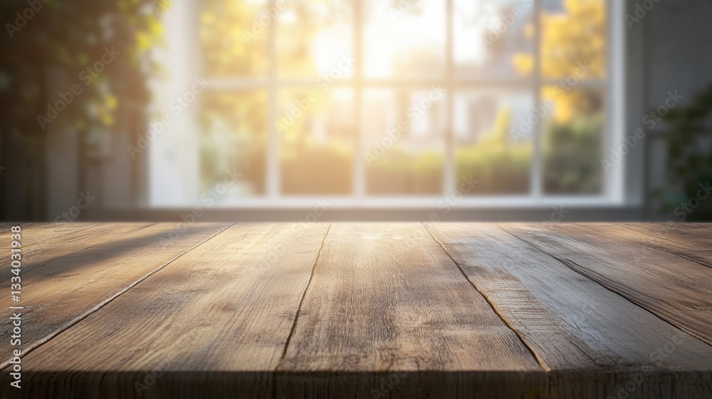Sun-drenched wooden table bathed in warm light. A touch of greenery adds life to this peaceful, dreamy scene Sun-drenched wooden table bathed in warm light. A touch of greenery adds life to this peaceful, dreamy scene