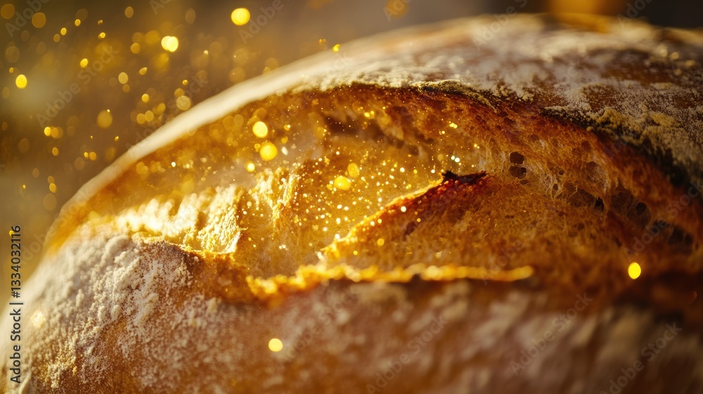 Fototapeta premium freshly baked sourdough loaf with glowing probiotic particles
