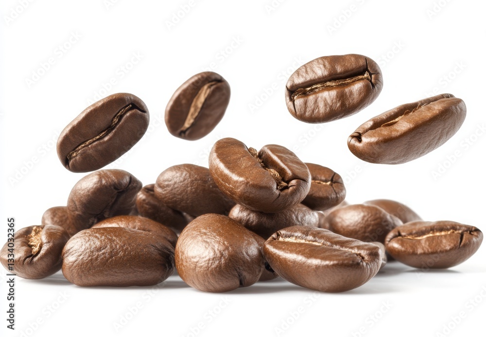 Obraz premium Coffee beans levitating over pile, white background