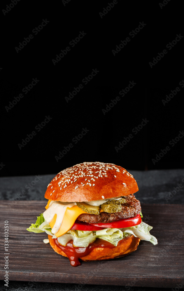 gourmet cheeseburger with sesame bun, melted cheese, lettuce, tomato, and pickles on a rustic wooden board. Ideal for food photography, menus, and advertisements