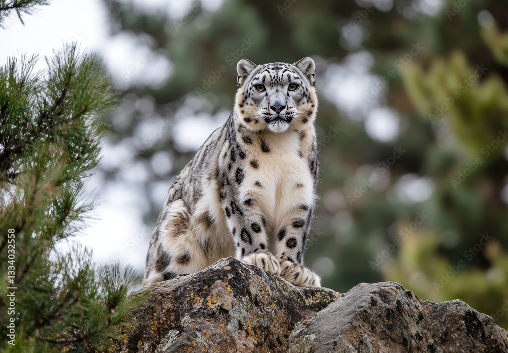 Obraz premium Majestic snow leopard perched on rocky outcrop amidst lush green foliage, showcasing striking fur patterns and intense gaze in natural habitat