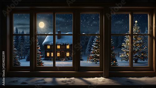 Cozy Winter Night Through the Window – Snowy Holiday Scene with Christmas Lights