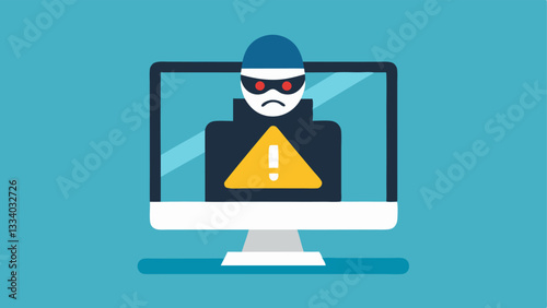Security Breach Alert An alert notification displayed on a computer screen with a hackers head peeping over the edge emphasizing the urgency of the breach.