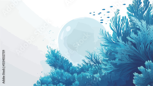 The image is a digital illustration depicting a stylized underwater scene.  Dominating the composition is a large cluster of vibrant blue coral, rendered with soft, painterly brushstrokes. The