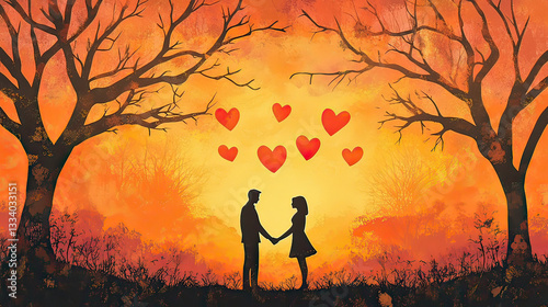 Couple holding hands at sunset. Relationship and romance. Scenic view. AI Generative