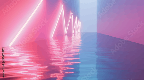 The image depicts a digital rendering of an abstract corridor.  Pink and blue neon lights in a triangular pattern are mounted on the walls, creating a strong geometric pattern. The lights are