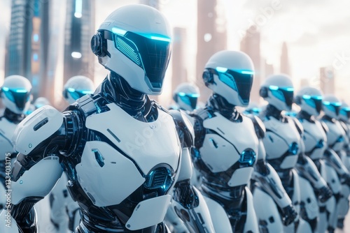 A 3D-rendered regiment of futuristic soldiers in exosuits, marching in a sci-fi cityscape with glowing skyscrapers in the background