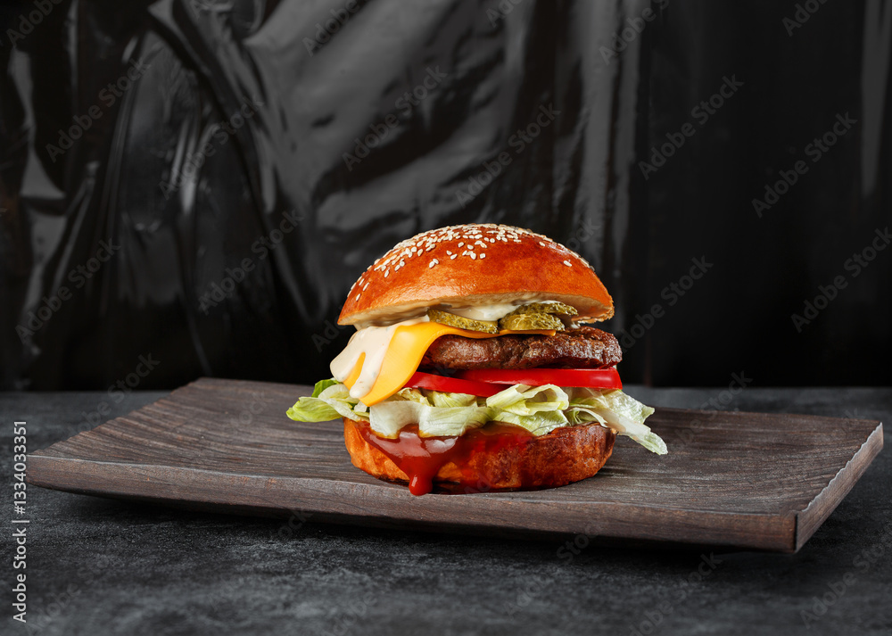 Close-up of a gourmet cheeseburger pickles on a rustic wooden board. for menu, and advertisements