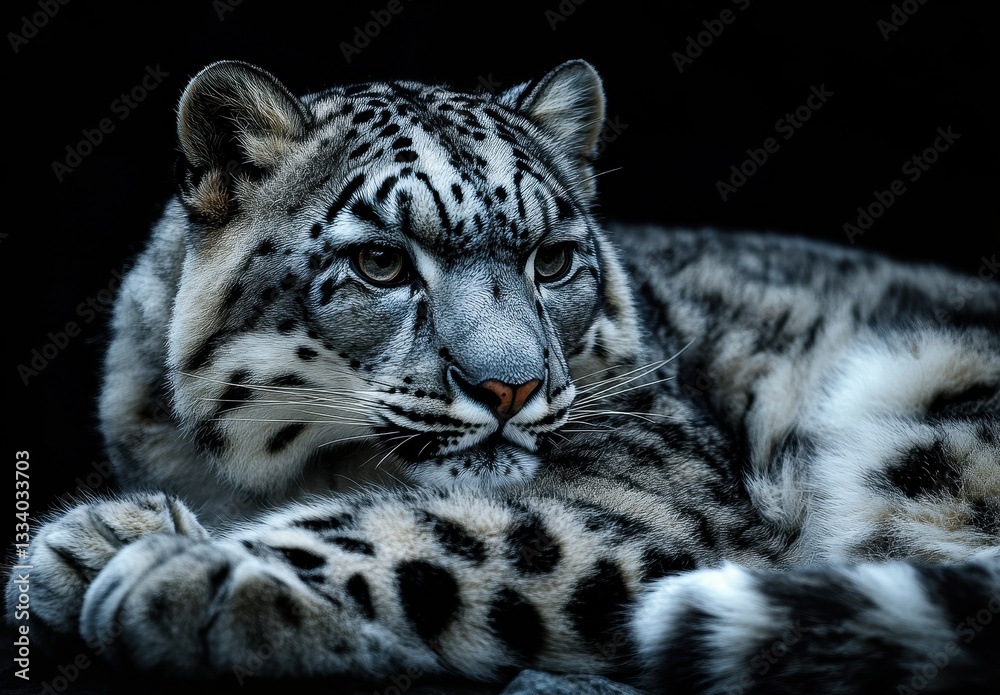 Obraz premium Majestic Snow Leopard Relaxing in a Dark Environment, Exposing Unique Fur Patterns and Intense Eyes, Showing the Beauty of Wild Fauna in Nature