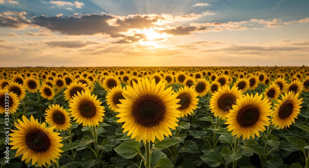Fototapeta premium Vibrant Sunflower Field at Sunset with Golden Light and Dramatic Sky