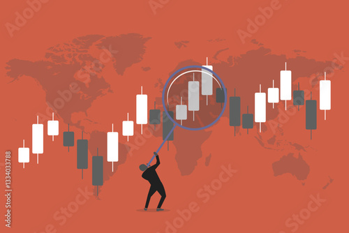 Businessman with magnifying candlestick chart. concept of Technical analysis trader to analyze stock market or crypto currency data movement, trend analysis to take profit