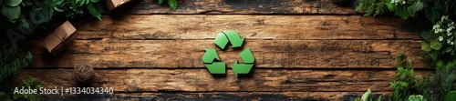 Eco-Friendly Recycle Symbol and Green Packaging on Wooden Background. Generative AI
