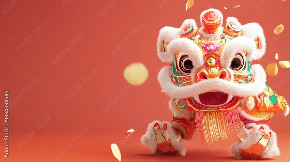 Obraz premium A colorful and festive lion dance costume on red background