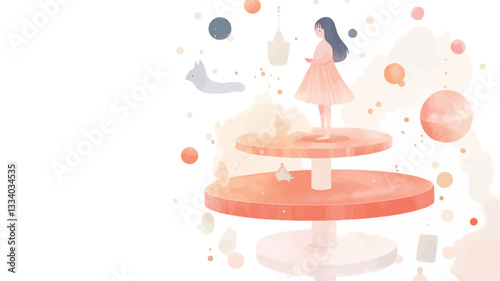 The image is a digital watercolor illustration depicting a young girl in a peach-colored dress standing on a series of layered, circular, orange platforms.  The platforms appear to be floating in a