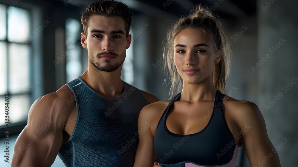 Attractive fit couple posing in modern gym setting man grey dark woman model style light
