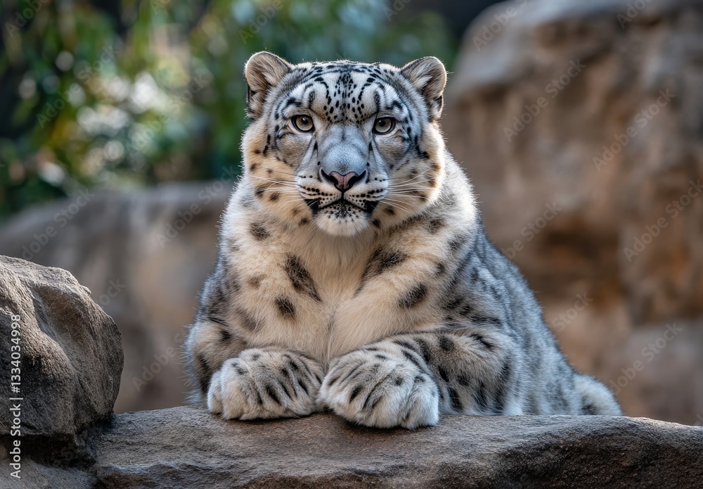 Fototapeta premium Majestic Snow Leopard Resting on Rock in Natural Habitat Surrounded by Lush Greenery and Soft Natural Light Enhancing Fur Patterns and Expression