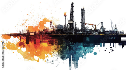 The image is a stylized illustration depicting a silhouette of an industrial complex, possibly a refinery or chemical plant, against a white background.  The silhouette is detailed, showing various