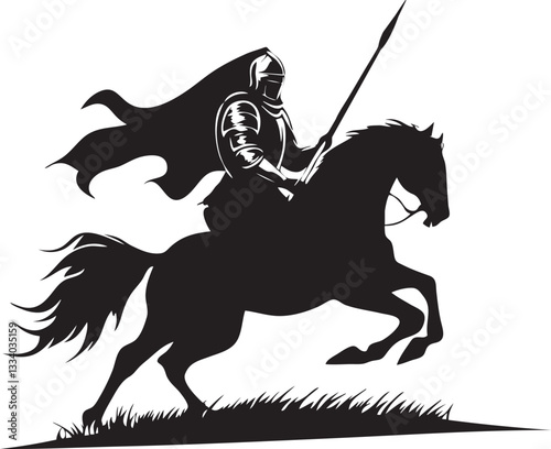 Black flat silhouette vector icon, A knight in armor riding a warhorse with a lance