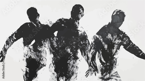 The image is a monochromatic artwork depicting three stylized human figures in motion. The figures are rendered in shades of black and white, with a highly textured and expressive application of