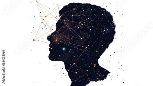 The image is a stylized silhouette of a person's head in profile view.  The silhouette is filled with a dark background depicting a cosmic scene of stars and nebulae.  Luminous lines and dots
