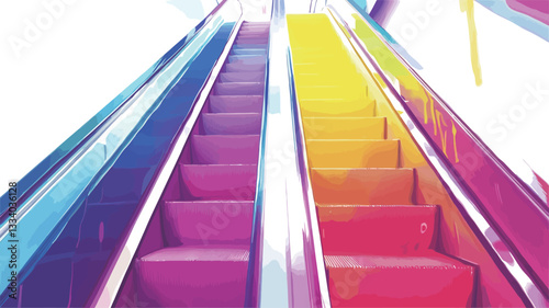 The image shows two escalators ascending towards the top of the frame.  The escalators are brightly colored, with one side predominantly pink and purple, and the other yellow and orange. The colors