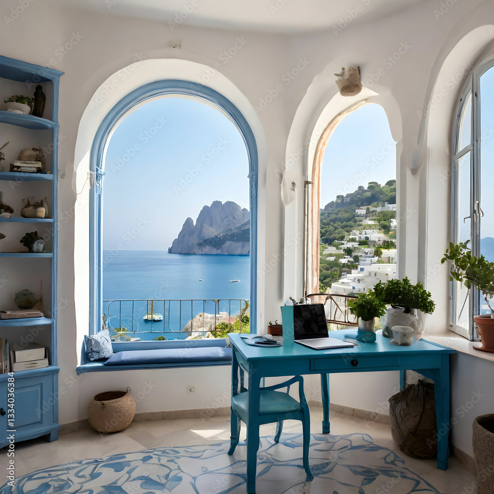 Naklejka premium Boho Style Workspace with Blue Window and Ocean View