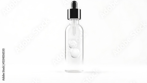 Clear glass dropper bottle with bubbles, studio shot for cosmetic product