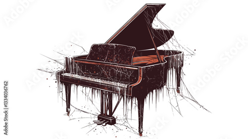 The image is a stylized illustration or drawing of a grand piano. The piano is depicted in dark brown tones, appearing almost vintage or antique. It is set against an abstract background composed
