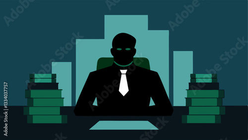 Silhouette of a Boss A shadowy figure seated at a large table filled with stacks of cash with a confident posture and a sly smile.