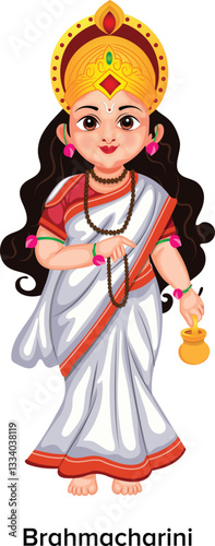 Maa Brahmacharini Worship on the Second Day of Navratri Character Vector Illustration