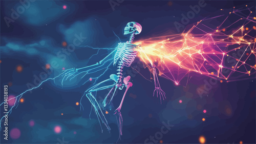 A 3D rendering depicts a stylized human skeleton figure. The skeleton is rendered in a translucent, light-blue hue.  From its shoulder blades, luminous wings composed of interconnected particles
