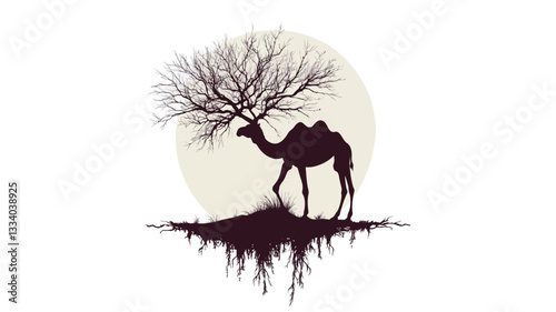 A minimalist digital illustration depicting a camel silhouette standing beneath a bare tree whose branches form a crown-like shape above the camel's head.  The background features a large, pale