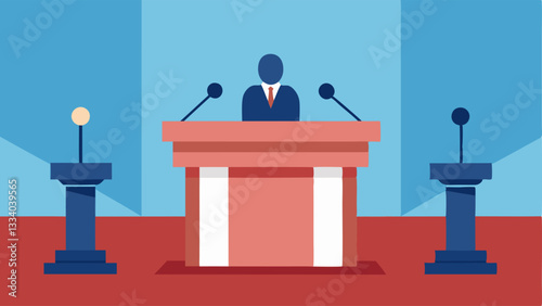 Press Conference Area A designated press conference area set up with a podium and backdrop where officials are scheduled to speak after the trial hearings.