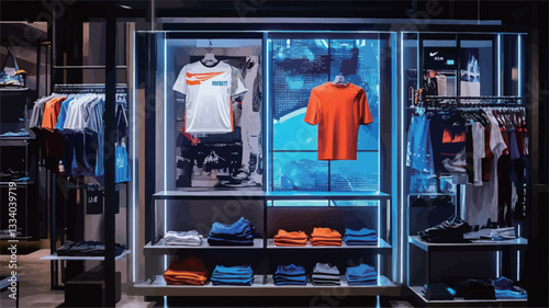 The image shows a modern clothing display within a retail store.  The display is a glass-fronted cabinet with internal LED lighting casting a blue hue.  Several t-shirts in various colors (orange,