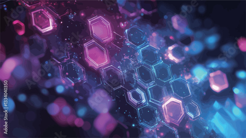 The image depicts an abstract composition featuring a network of glowing hexagons. The hexagons are primarily pink, blue, and purple, with variations in intensity and luminosity.  They are arranged
