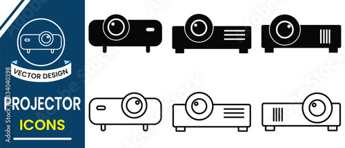 Projector vector icon set design. Projector icon for video, cinema, presentation, movie. Silhouette of projector symbol. Vector illustration.
