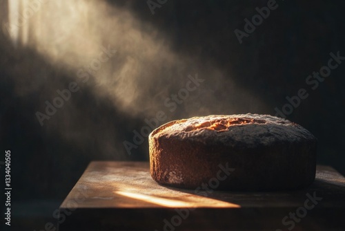 A loaf of bread placed on top of a wooden table, ready to be used or consumed