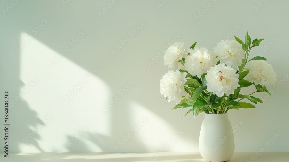 Fototapeta premium White Peonies in Sunlight Against a Green Wall