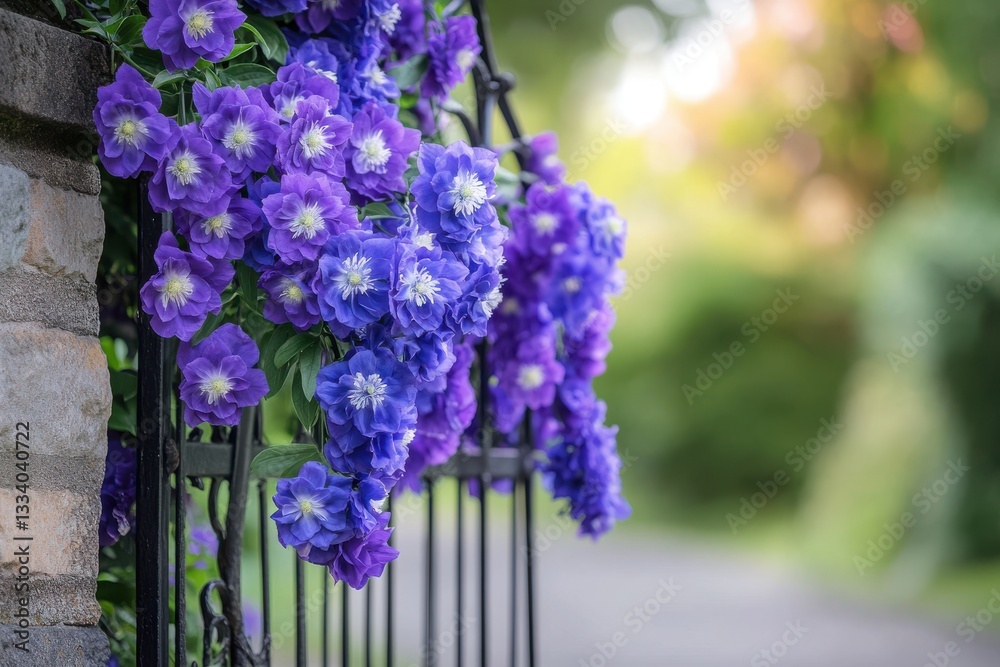 Obraz premium Purple Clematis flowers blooming on a gate in a garden