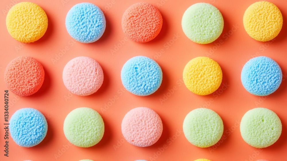 Fototapeta premium Colorful Round Sponges Arranged in Rows on Bright Background